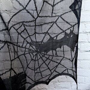 Halloween Curtains Pair Black Mesh Spider Web Bats Witch Pumpkin 80" long Spooky